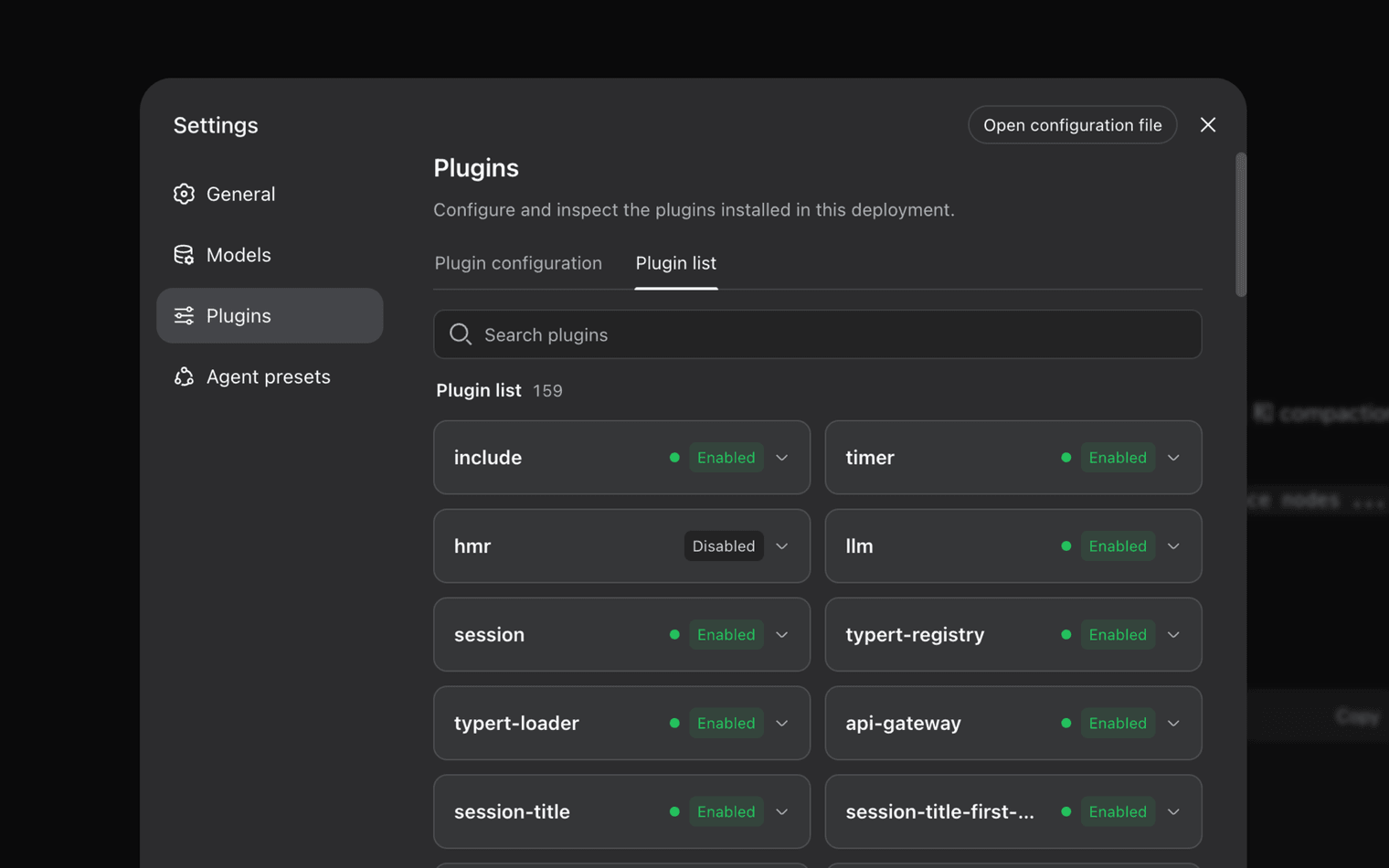 DeepSeek Harness Settings Plugins list with 159 plugins including llm, session, and api-gateway